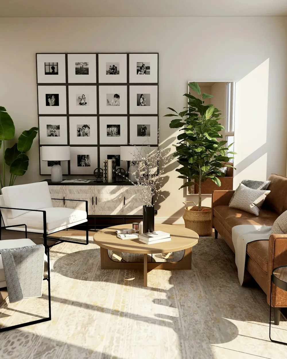 A sunlit living room with sculptural furniture, warm timber joinery and tall windows